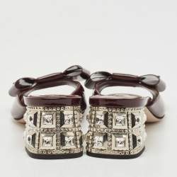 Miu Miu Burgundy Patent Leather Bow Crystal Embellished Block Heel Slide Sandals Size 37.5