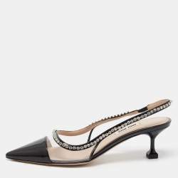 Miu Miu Black Patent Leather and PVC Crystal Embellished Slingback Pumps Size 36.5