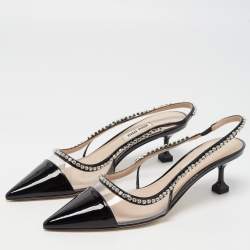 Miu Miu Black Patent Leather and PVC Crystal Embellished Slingback Pumps Size 36.5