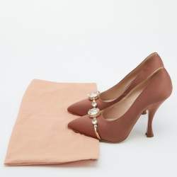 Miu Miu Brown Satin Crystal Embellished Pointed Toe Pumps Size 38.5