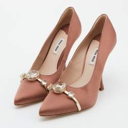 Miu Miu Brown Satin Crystal Embellished Pointed Toe Pumps Size 38.5