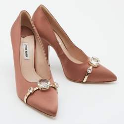 Miu Miu Brown Satin Crystal Embellished Pointed Toe Pumps Size 38.5
