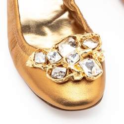 Pre Owned Miu Miu Metallic Gold Leather Crystal Embellished Scrunch Ballet Flats Size 38.5