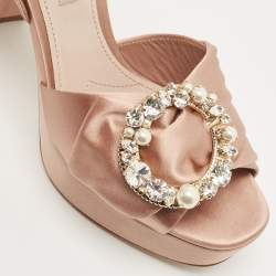 Pre Owned Miu Miu Beige Satin Crystal Embossed Ankle Strap Sandals Size 38.5