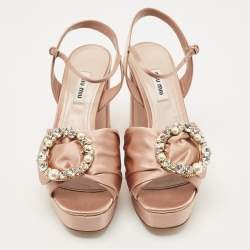 Pre Owned Miu Miu Beige Satin Crystal Embossed Ankle Strap Sandals Size 38.5
