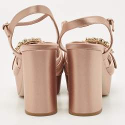 Pre Owned Miu Miu Beige Satin Crystal Embossed Ankle Strap Sandals Size 38.5