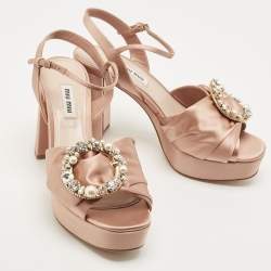 Pre Owned Miu Miu Beige Satin Crystal Embossed Ankle Strap Sandals Size 38.5