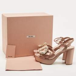 Pre Owned Miu Miu Beige Satin Crystal Embossed Ankle Strap Sandals Size 38.5