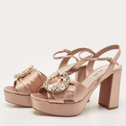 Pre Owned Miu Miu Beige Satin Crystal Embossed Ankle Strap Sandals Size 38.5