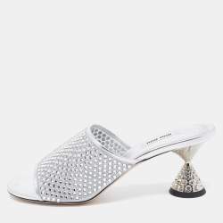 Miu Miu Silver Mesh and Leather Rhinestone Embellished Slide Sandals Size 41