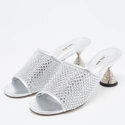 Miu Miu Silver Mesh and Leather Rhinestone Embellished Slide Sandals Size 41