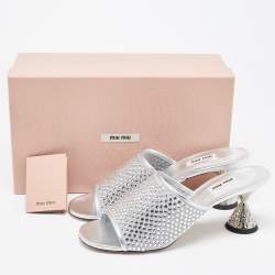 Miu Miu Silver Mesh and Leather Rhinestone Embellished Slide Sandals Size 41