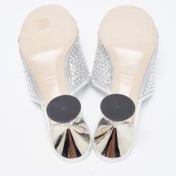 Miu Miu Silver Mesh and Leather Rhinestone Embellished Slide Sandals Size 41