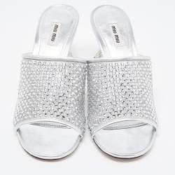 Miu Miu Silver Mesh and Leather Rhinestone Embellished Slide Sandals Size 41