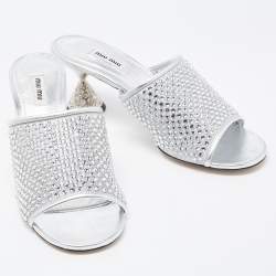 Miu Miu Silver Mesh and Leather Rhinestone Embellished Slide Sandals Size 41