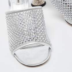 Miu Miu Silver Mesh and Leather Rhinestone Embellished Slide Sandals Size 41