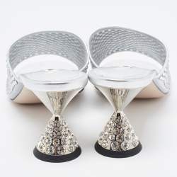 Miu Miu Silver Mesh and Leather Rhinestone Embellished Slide Sandals Size 41