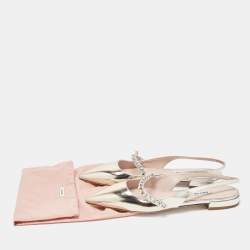 Miu Miu Gold Leather Crystal Embellished Slingback Flats Size 37.5