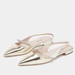 Miu Miu Gold Leather Crystal Embellished Slingback Flats Size 37.5