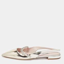 Miu Miu Gold Leather Crystal Embellished Slingback Flats Size 37.5