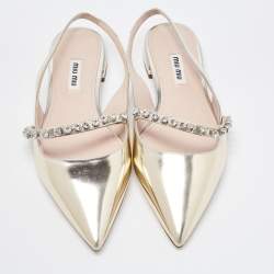 Miu Miu Gold Leather Crystal Embellished Slingback Flats Size 37.5