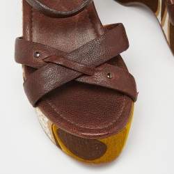 Miu Miu Brown Leather Platform Wedge Ankle Strap Sandals Size 38