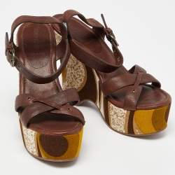 Miu Miu Brown Leather Platform Wedge Ankle Strap Sandals Size 38