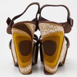 Miu Miu Brown Leather Platform Wedge Ankle Strap Sandals Size 38