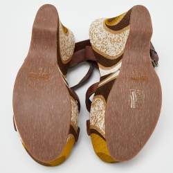 Miu Miu Brown Leather Platform Wedge Ankle Strap Sandals Size 38
