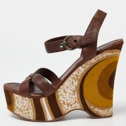 Miu Miu Brown Leather Platform Wedge Ankle Strap Sandals Size 38