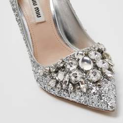 Miu Miu Silver Glitter Crystal Embellished Pointed Toe Pumps Size 35.5