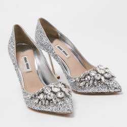 Miu Miu Silver Glitter Crystal Embellished Pointed Toe Pumps Size 35.5