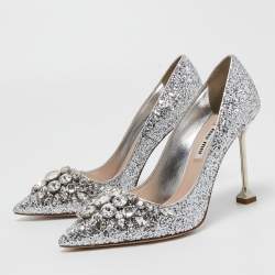 Miu Miu Silver Glitter Crystal Embellished Pointed Toe Pumps Size 35.5