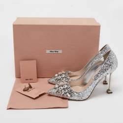 Miu Miu Silver Glitter Crystal Embellished Pointed Toe Pumps Size 35.5