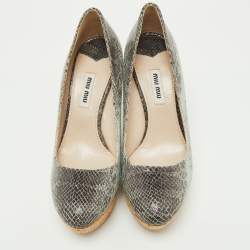 Miu Miu Two Tone Embossed Snakeskin Cork Wedge Pumps Size 37