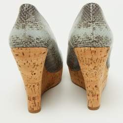 Miu Miu Two Tone Embossed Snakeskin Cork Wedge Pumps Size 37