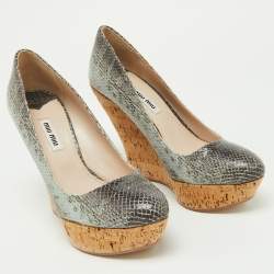 Miu Miu Two Tone Embossed Snakeskin Cork Wedge Pumps Size 37
