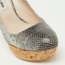 Miu Miu Two Tone Embossed Snakeskin Cork Wedge Pumps Size 37