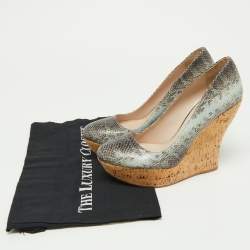 Miu Miu Two Tone Embossed Snakeskin Cork Wedge Pumps Size 37