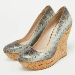 Miu Miu Two Tone Embossed Snakeskin Cork Wedge Pumps Size 37