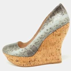 Miu Miu Two Tone Embossed Snakeskin Cork Wedge Pumps Size 37