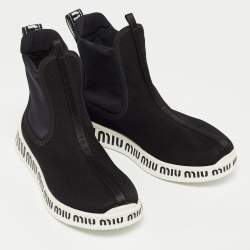 Pre Owned Miu Miu Black Knit Fabric and Neoprene High Top Sneakers Size 35