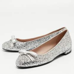 Miu Miu Silver Coarse Glitter Bow Ballet Flats Size 36.5