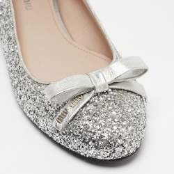 Miu Miu Silver Coarse Glitter Bow Ballet Flats Size 36.5