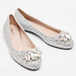 Pre Owned Miu Miu Silver Glitter Ballet Flats Size 36.5