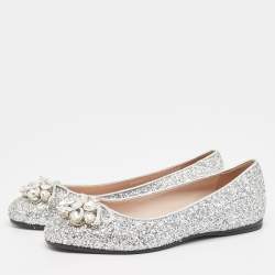 Pre Owned Miu Miu Silver Glitter Ballet Flats Size 36.5