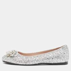 Pre Owned Miu Miu Silver Glitter Ballet Flats Size 36.5