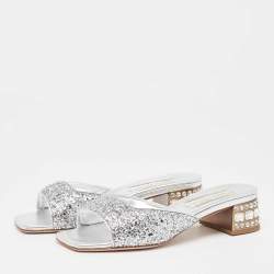 Miu Miu Silver Glitter Embellished Block Heel Slide Sandals Size 38