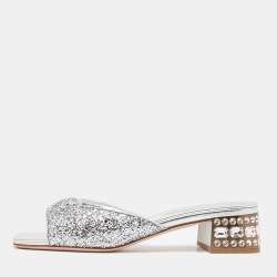 Miu Miu Silver Glitter Embellished Block Heel Slide Sandals Size 38