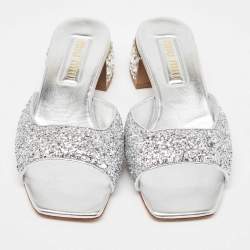 Miu Miu Silver Glitter Embellished Block Heel Slide Sandals Size 38